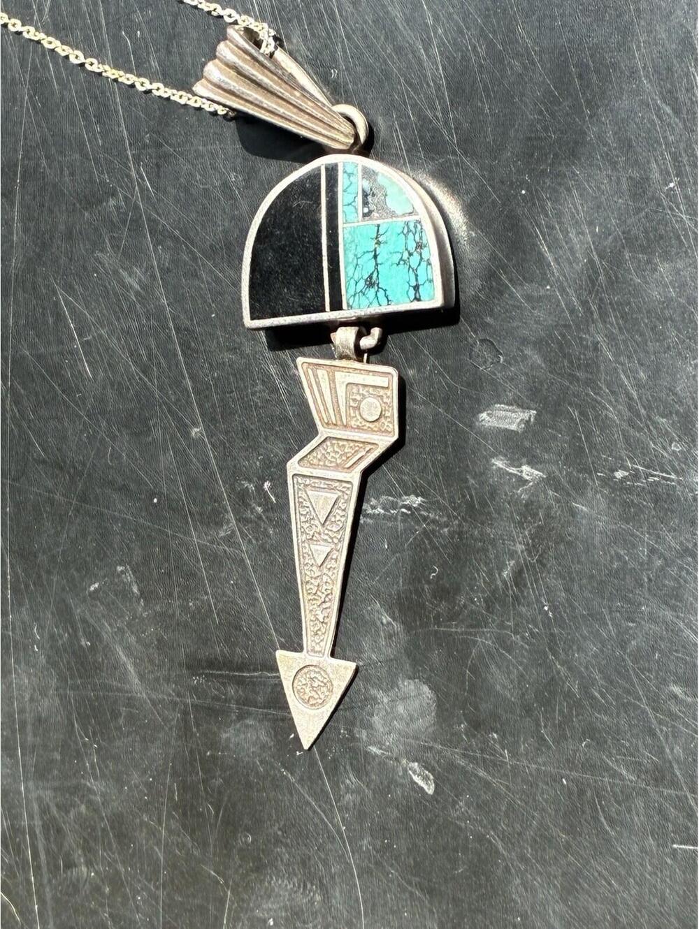 Ray Tracey Sterling Turquoise Onyx Pendant Necklace Navajo 18” Chain - Picture 2 of 9